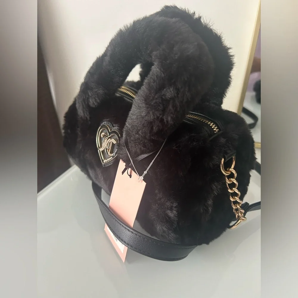 Black Faux Fur Barrel Bag